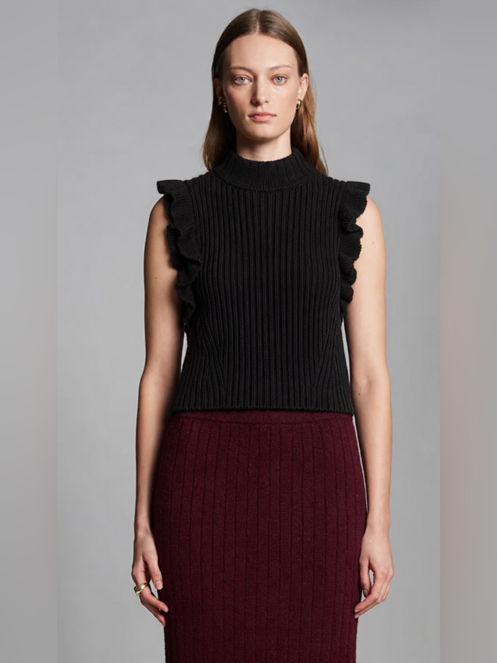 Eleven Six Baby Alpaca Sleeveless Ruffle-Trim Ribbed Knit Sweater Top size S